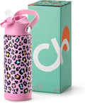 Choco Mocha Kids Water Bottle For School, Kids Insulated Cheetah Water Bottle Stainless Steel for Girls,18Oz Pink Leopard