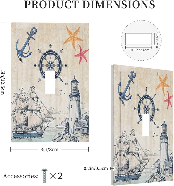 Nautical Sailboat Beach Anchor Pirate Beacon Ocean 1 Gang Light Switch Covers Decorative Single Toggle Wall Plate Switchcover Electrical Switchplate for Farmhouse Bathroom Bedroom Decor