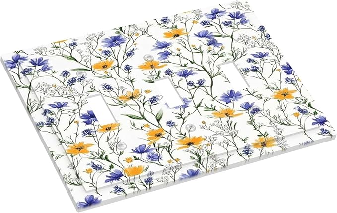 Decorative Switch Plates Floral Colorful Green Leaf Wildflower 3 Gang Wall Plate Triple Toggle Light Switch Cover Faceplate Electrical Wall Panels For Bed Room Living Room Decor