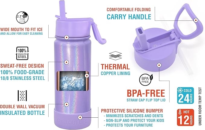 CHILLOUT LIFE 22 oz Kids Insulated Water Bottle for School with Straw Lid Leakproof and Cute Waterproof Stickers, Personalized Stainless Steel Thermos Flask Metal Water Bottle, Purple Sparkle