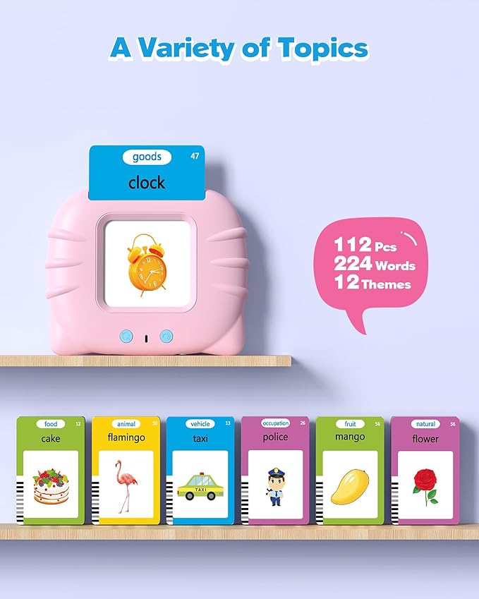 Airbition Talking Flash Cards for Toddlers 1 2 3 4 Year Olds, Montessori Language Learning with 224 Words, Pocket Speech Therapy Playthings, Children's Sensory Educational Device, Pink