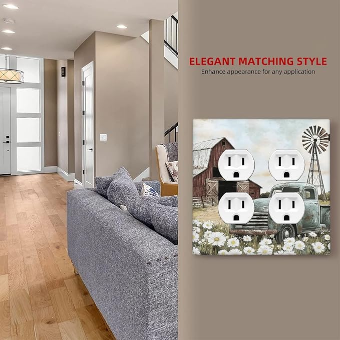 Retro Trucks Old Barn Windmill Teal Car Rustic Outlet Covers 2 Gang Double Duplex Decorative Light Switch Covers Electrical Wallplates Socket Faceplate for Farmhouse Home Decor