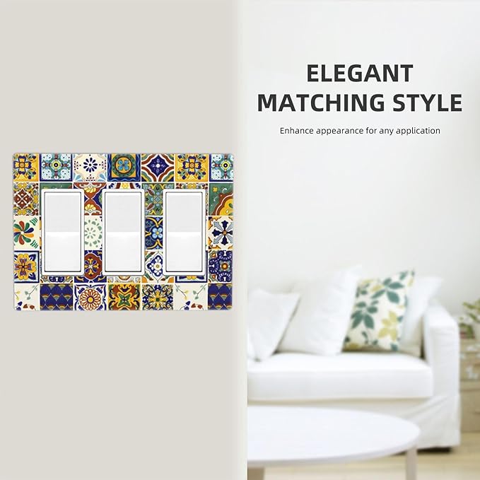 Yellow/Blue Mexican Tile Decorative Rocker GFCI Light Switch Cover 3-Gang Electrical Triple Decorator Wall Plate Kitchen Boho Mandala Floral Moroccan Tiles Switches Faceplate Cover Dimmer Screwless