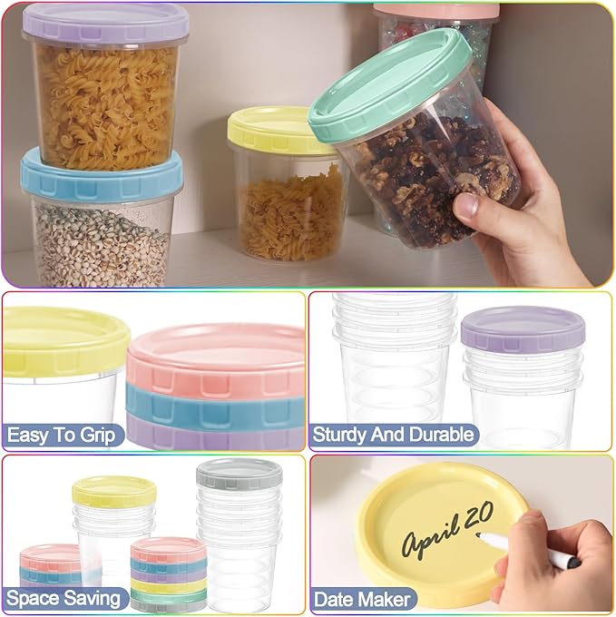 Yomarket 6pcs 32 oz Plastic Containers with Screw Top Lids, Reusable Clear Food Storage Containers with Pen and Brush, Leakproof Freezer Soup Containers, Microwave & Dishwasher Safe