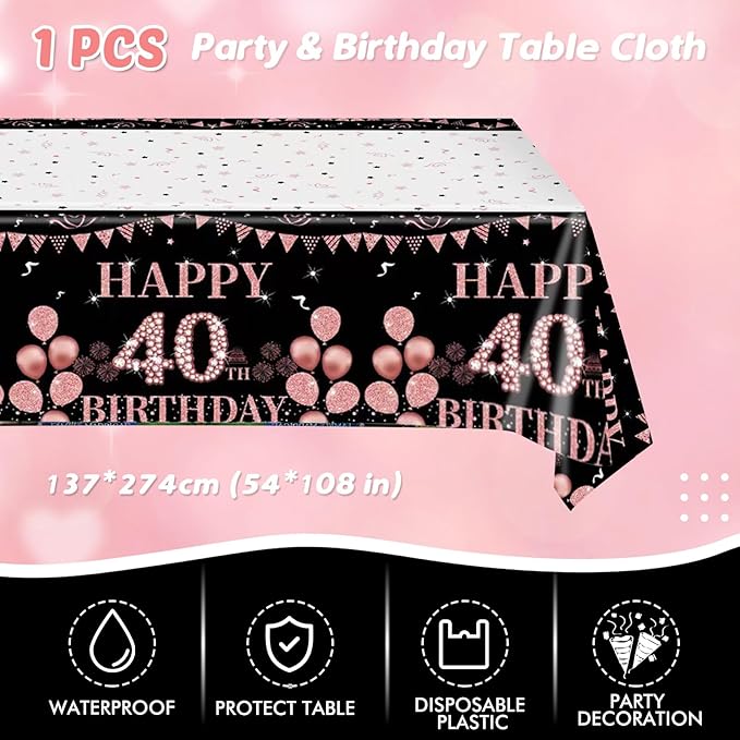 41Pcs 40th Birthday Decorations for Women, Vintage 40 Birthday Black and Rose Gold Disposable Paper Plates and Napkins Party Supplies for 20 Guests, 41Pcs Include 7" Plates Napkins and Tablecloth