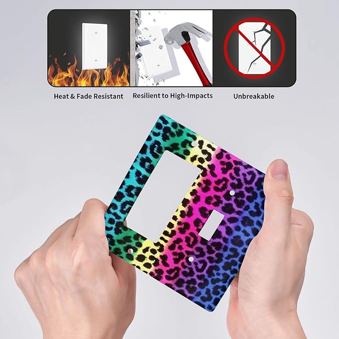 Rainbow Colorful Leopard 2 Gang Single Toggle/Rocker Combination Light Switch Cover Decorative Wall Plate Faceplate Boys Kids Teen Girl Bedroom Room Decorate 4.5" x 4.5
