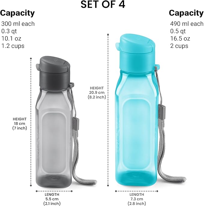MILTON Bulk Water Bottles Set of 4 – 10 and 17oz Multicolor Bottles for Kids and Adults – Leak Proof with Carry Strap – Square Reusable Bottles for Juice, Drinks BPA-Free Dishwasher-Safe