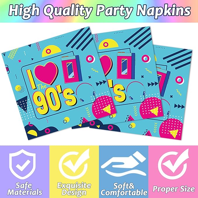 96Pcs 90's Party Paper Plates and Napkins for Retro 90s Theme Birthday Party Supplies 90's Mix CD Themed Paper Dessert Plates I Love The 90s Tableware Set for Men Women 24 Guests Party Decorations