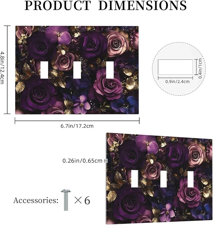 Decorative Switch Plate Cover with Luxurious Purple Roses Gold Accents Leaves Design 3 Gang Artistic Wall Plate Unique Triple Toggle Light Switch Covers for Romantic Bedroom/Living Room Decor