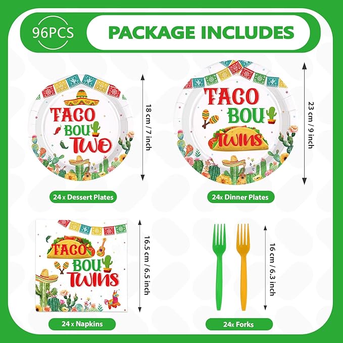 96Pcs Mexican Baby Shower Decorations Taco Bout Twins Plates and Napkins Mexico Fiesta Gender Reveal Decoration Favors for Kids Mexican Baby Shower Taco Theme Birthday Party Supplies Serves 24