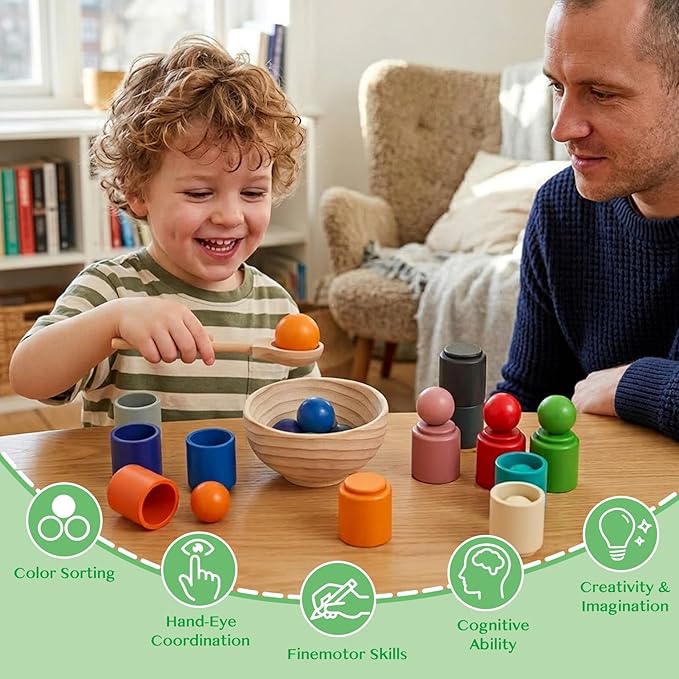 Rainbow Balls in Cups Toddler Montessori Toys for 3 Year Old Up, Kids Preschool Wooden Matching Games for Learning Color Sorting and Counting