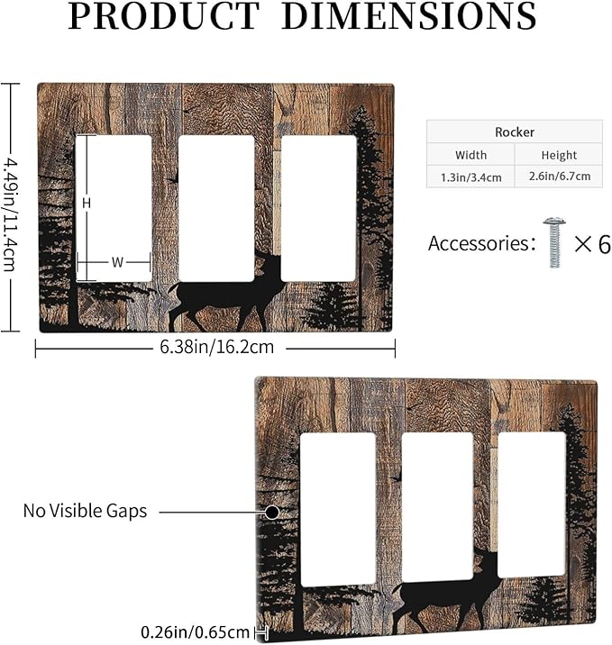 Light Switch Covers Rustic Forest Antler Elk Deer Silhouettes Animals Wood Grain 3 Gang Rocker Electrical GFCI Decorative Triple Outlet Wall Plate Cover Switchplate for Farmhouse Home Decor