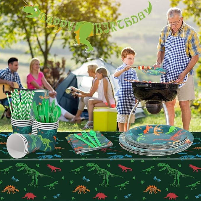 Dinosaur Birthday Decorations Tableware Set Birthday Party Supply Dinosaur Plates Dino Plate for Baby Shower,Disposable Dinosaurs Tableware Set with Tablecloth Cup Banner for Boy Serve 24