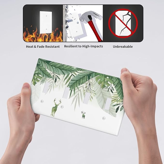 Deer Banana Leaves Palm Trees Green Plants Light Switch Covers Quad Toggle Electrical Faceplate 4 Gang Wall Plate Decorative Switch Plates for Bed Room Living Room Decor