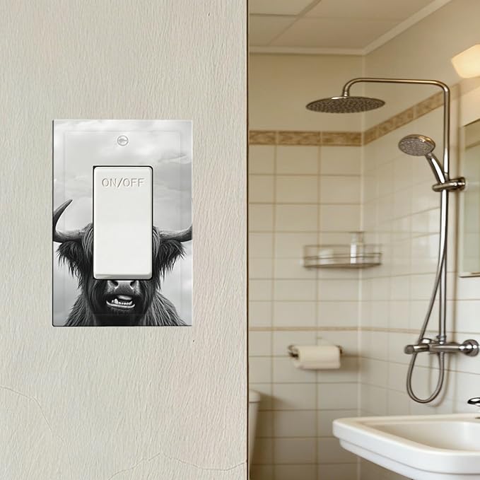 Highland Cow Black & White Portrait Single Rocker Switch Cover - 1-Gang Standard US Size Playful Farm Animal Light Switch Covers for Living Room Decor