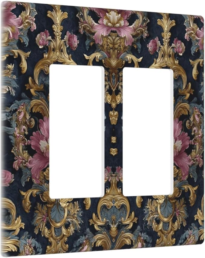 Decorative Outlet Covers Rococo Pink Floral Flower Gold Leaf 2 Gang Light Switch Cover Plate Double Rocker Wall Plates for Electrical Outlets Switch Plate Covers for Bedroom Home Decor