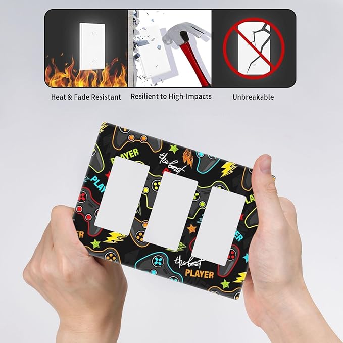 Kid Boys Gamer Gaming Game 3 Gang Triple Rocker/Decora Light Switch Wall Plate Cover Decorative Electrical Faceplate Switchplate for Bathroom Living Room Decor