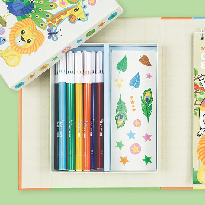 Tiger Tribe Zoo Coloring Set for Kids - Includes Stickers & Markers, Travel-Friendly Storage, Perfect Arts & Crafts Gift