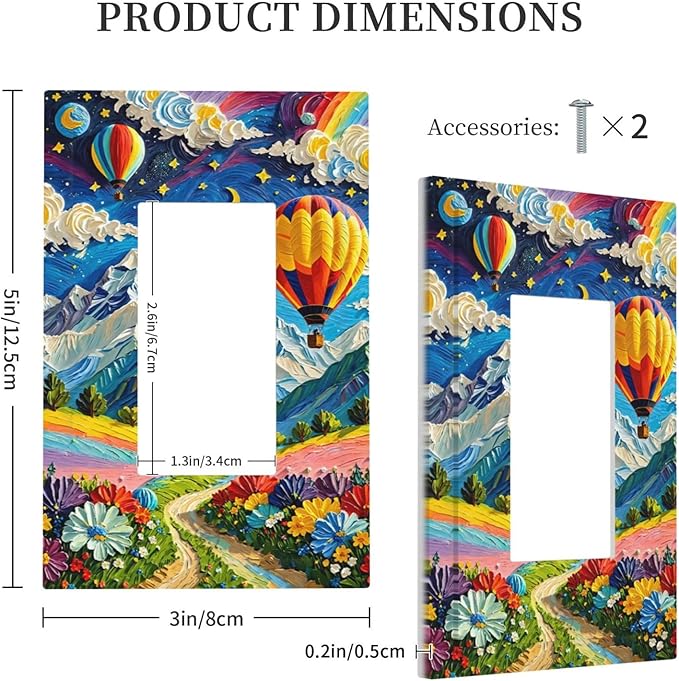 Hot Air Balloons Floral Vibrant Colors Flowers Mountains Stars Moon Decorative Outlet Covers 1 Gang Single Rocker Wall Plates Gfci Faceplate Light Switch Cover Plate for Bedroom Kids Room