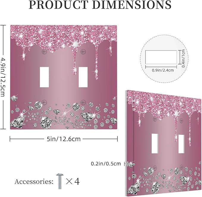 Sparkling Diamonds Pink Silver Glitter Drops Print Double Toggle Light Switch Covers Decorative Unique 2 Gang Wall Plate Dual Electrical Faceplate Switchplate for Bedroom Living Room Decor