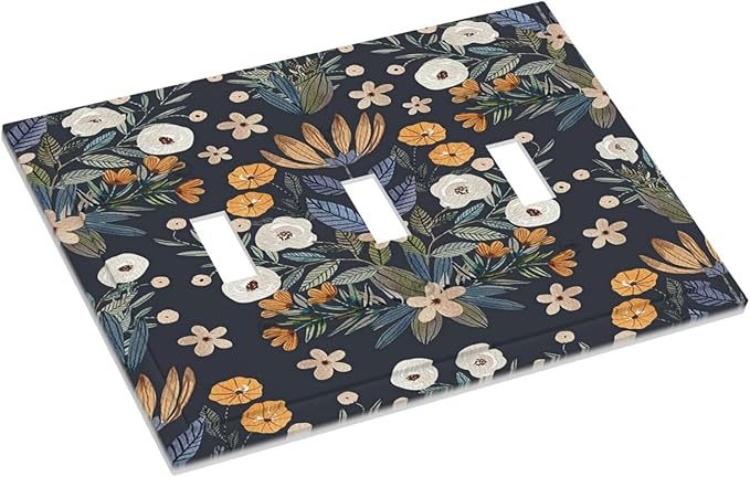 Boho Leaf Floral Navy Blue Background 3 Gang Light Switch Covers Triple Toggle Wall Plate Decorative Switchplate Electrical Faceplate for Farmhouse Country Bedroom Bedroom Decor