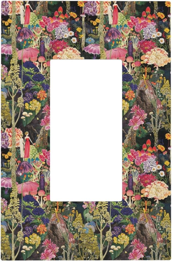Dreamy Tropical Rainforest Colorful Mushroom Wildflower Decorative Outlet Covers 1 Gang Single Rocker Light Switch Cover Plate Wall Plates GFCI Faceplate for Farmhouse Kids Room Decor