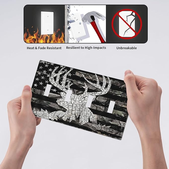 American Flag Forest Antler Deer Elk 4 Gang Device Light Switch Cover Decorative Quad Toggle Wall Plate Decorative Electrical Faceplate for Home Bedroom Art Decorate