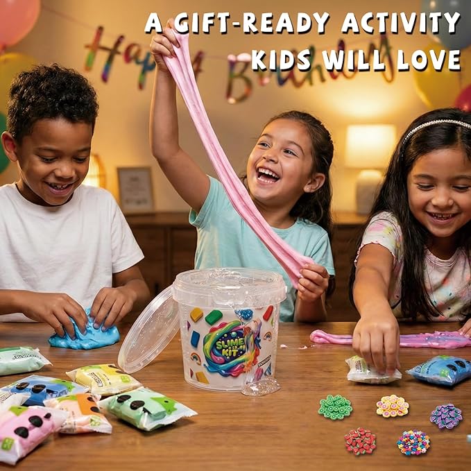 Clear Slime and Foam Clay Kit for Kids, 17 Fl Oz Premade Clear Slime with 10 Color Foam Clay, Charms, Sprinkles and 5 Storage Containers, DIY Butter Slime Craft Toy for Girls and Boys