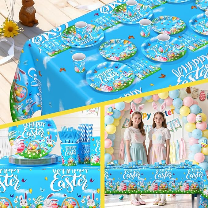 AIBIIN 193pcs Happy Easter Party Decorations Easter Paper Plates and Napkins, Cup, Tablecloth, Tableware, Spring Bunny Egg Disposable Dinnerware Party Supplies Serve 24 Guests