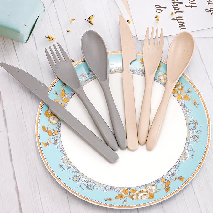 8 Sets Knives Spoons and Forks, Thickened Design Wheat Straw Cutlery, Reusable Utensils Set for Kid or Adult, Fork Spoon Knife Set for Party, Travel, Work, Picnic, Camping (Beige and grey)