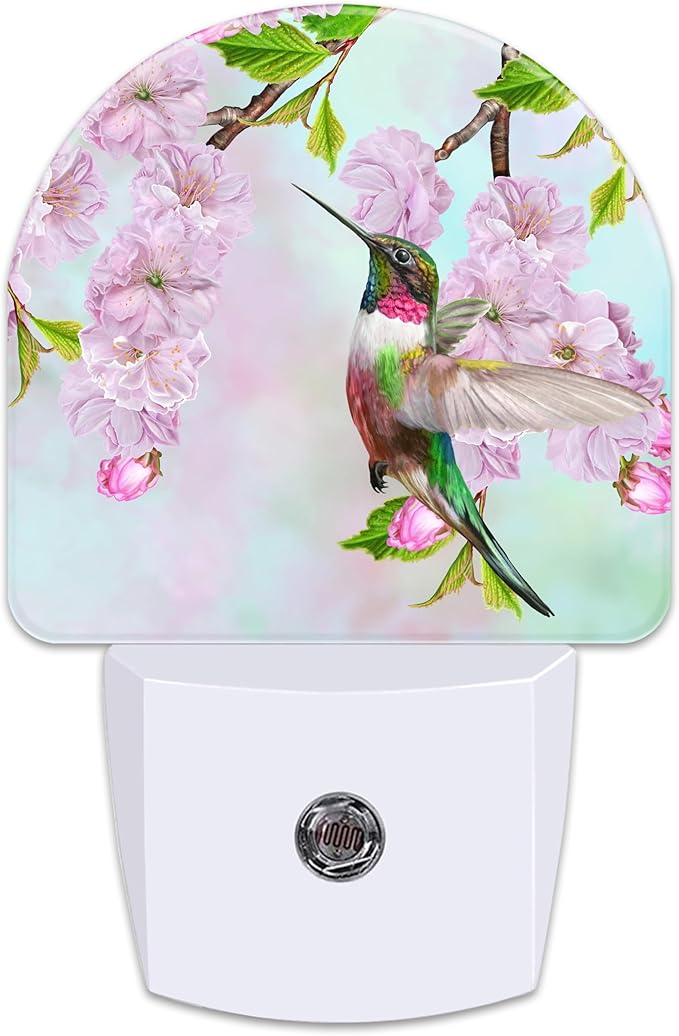 Hummingbird and Cherry Blossoms Night Light for Kids,Birds and Pink Flowers Plug in Night Light with Dusk to Dawn Sensor, 0.5w Energy Saving Nightlight for Hallway Stairway Kitchen Bedroom