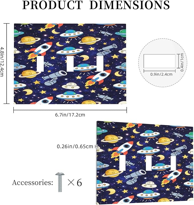 Decorative Light Switch Cover Plate Space-themed Rocket Spaceship 3 Gang Wall Plates for Electrical Triple Toggle Switch Plate Covers Outlet Covers Faceplate for Children's Room Decor
