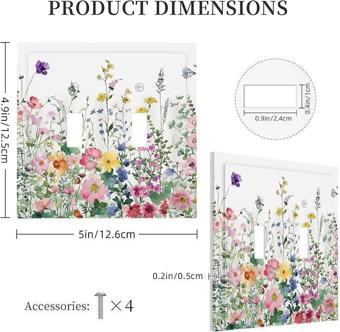 Decorative Switch Plates Boho Colorful Flowers Plant Rustic Wildflower 2 Gang Double Toggle Outlet Light Switch Cover Wall Plate Electrical Faceplate for Bed Room Bathroom Decor