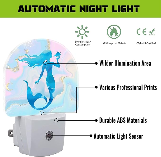 Watercolor Blue Mermaid Night Light for Kids,Pastel Pink Glitter Liquid Marble Plug in Night Light with Dusk to Dawn Sensor, 0.5w Energy Saving Nightlight for Hallway Stairway Kitchen Bedroom
