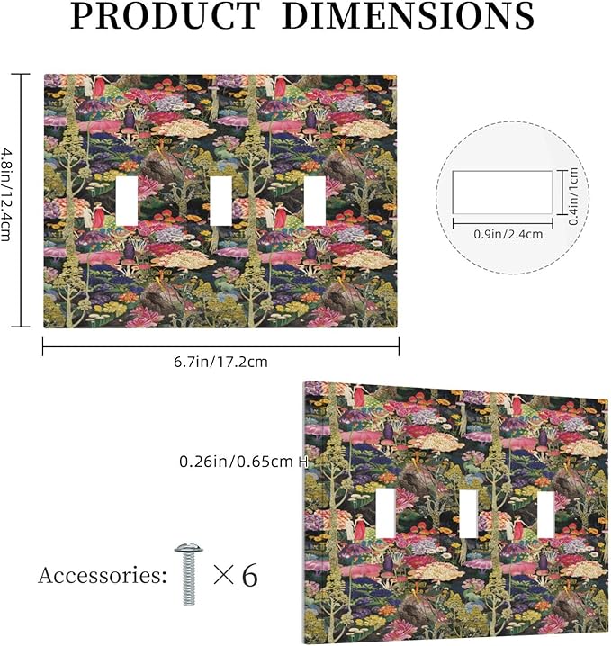 Dreamy Tropical Rainforest Colorful Mushroom Wildflower Decorative Switch Plates 3 Gang Wall Plate Triple Toggle Light Switch Cover Faceplate Electrical Wall Panels for Farmhouse Kids Room Decor
