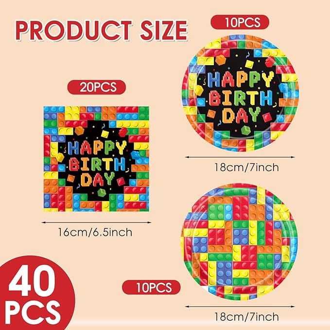 40Pcs Building Block Party Supplies Building Blocks Birthday Paper Plates Tableware Set Colorful Blocks Supplies Include Paper Plates Napkins for Birthday Party Decor Supplies