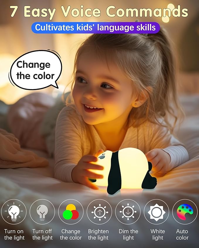Voice Control Panda Night Light, 6 Colors 30-Minute Timer, Cute Animal Silicone Nursery Night Light Rechargeable Table Lamp Bedside Lamp with Touch Sensor for Baby Holiday Gift for Boys & Girls