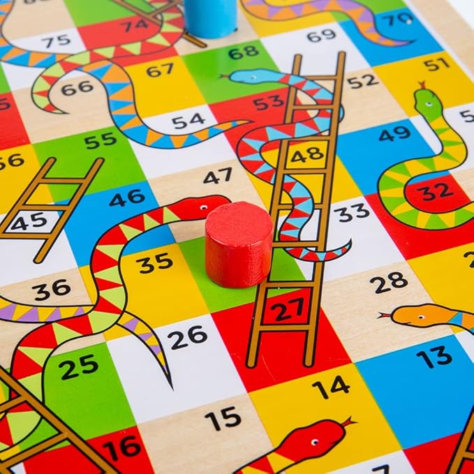 Bigjigs Toys Traditional Snakes and Ladders Game | 4 Player Wooden Board with Counters & Dice | Family Toy for Kids & Adults | Educational Tool for 3+ Year Old Children | Classic