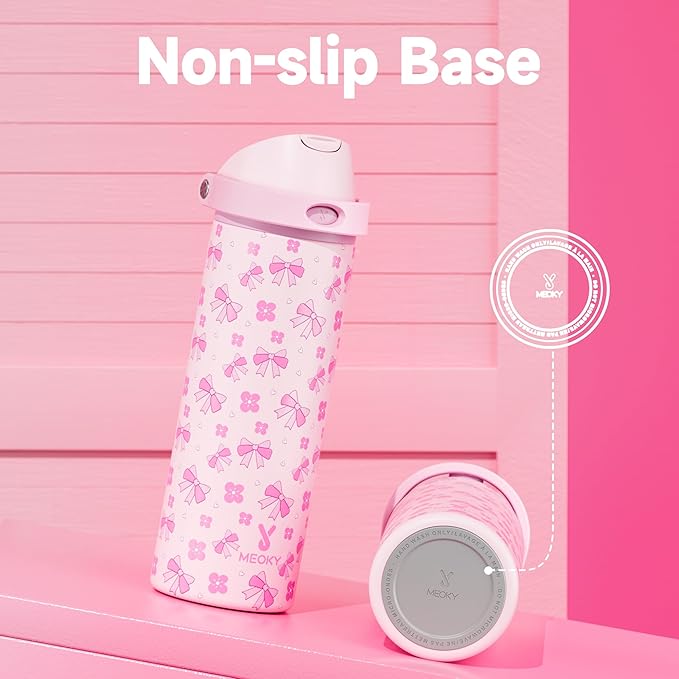 24 oz Insulated Water Bottle for Women: Meoky Stainless Steel Water Bottle with 2-in-1 Straw and Spout Lid - Leak Proof, Cold for 24 Hours, Fits in Car Cup Holder, BPA-Free for Sports Travel, Ribbonie