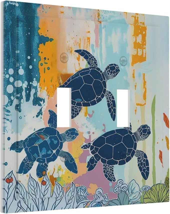Decorative Switch Plates Colorful Ocean Sea Turtle Marine Life 2 Gang Double Toggle Outlet Light Switch Cover Wall Plate Electrical Faceplate for Kids room Bedroom Decor