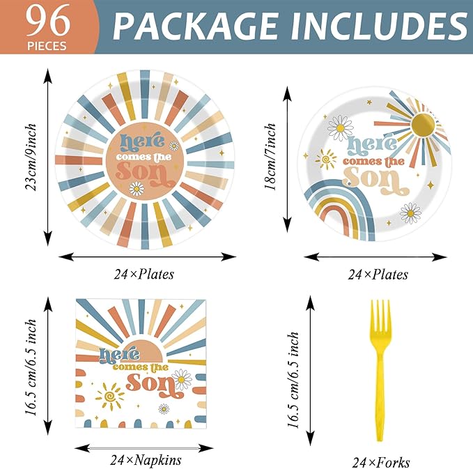 96Pcs Here Comes The Son Party Plates and Napkins for Boho Sun Birthday Party Supplies Here Comes The Son Themed Paper Dessert Plates Sunshine Tableware Set for Baby Shower 24 Guests Party Decorations