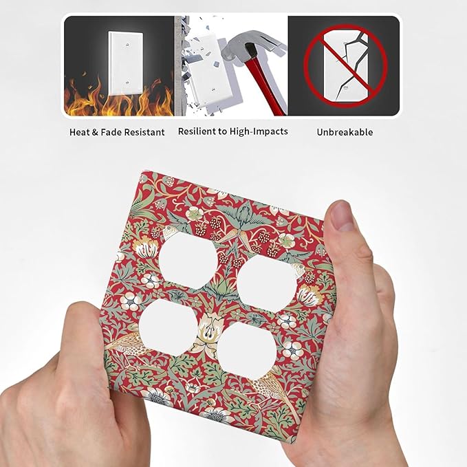 Decorative Outlet Covers William Morris Strawberry Thief Botanical Red Green 2 Gang Double Duplex Light Switch Cover Wall Plates Electrical Socket Cover Art Faceplate for Bathroom Bedroom Decor