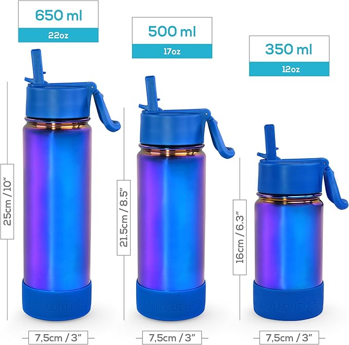 CHILLOUT LIFE 22 oz Kids Insulated Water Bottle for School with Straw Lid Leakproof and Cute Waterproof Stickers, Personalized Stainless Steel Thermos Flask Metal Water Bottle, Mermaid Sparkle
