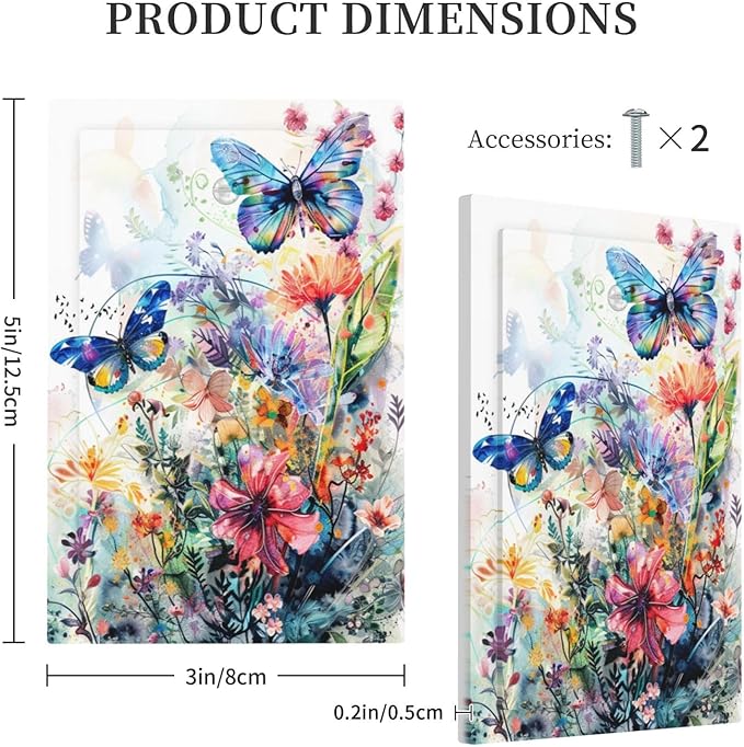 Light Switch Cover Watercolor Colorful Floral Butterflies Wildflowers Decorative Switch Plates 1 Gang Blank No Device Outlet Covers Electrical Wall Plates for Bathroom Bedroom Decor