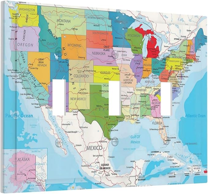 USA Map 3 Gang Triple Toggle Light Switch Wall Plate Cover Decorative Electrical Faceplate for Rustic Barn Door Home Living Room Decorate 6.7" x 4.8