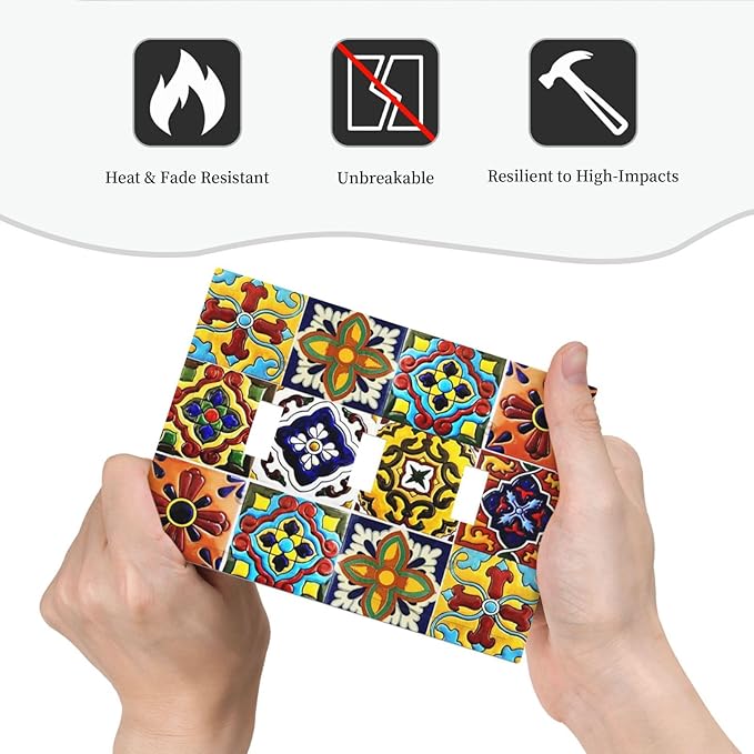 Colorful Boho Mexican Moroccan Tile Decorative Triple Toggle Outlet Light Switch Cover Vintage Kitchen Bohemian Mexico Tiles Jungle 3 Gang Wall Plate Electrical Faceplate Three Device Switchplate