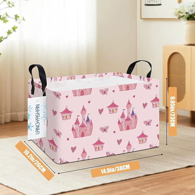 LANGYASHAN Rectangular Girl Storage Bin Collapse Canvas Fabric Cartoon Storage Basket with Handles for Organizing Home Kitchen Boys and Girls Toys Office Closet Shelf Baskets (Rec Pink Castle)
