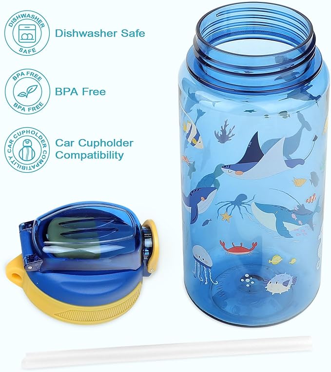 Kids Water Bottle for School or Travel, 20 Oz 2 Pack Durable Plastic Water Bottle with Silicone Straw and Pop-Up Spout Cover, BPA Free & Dishwasher Safe(Rocket & Ocean Animals)