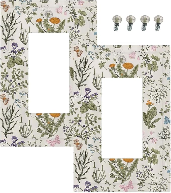 Outlet Covers Boho Floral Vintage Flowers Plants 1 Gang Duplex Light Switch Cover Plate Decorative Wall Plates Electrical Switchplate Receptacle for Bathroom Bedroom Decor（2 Pack）