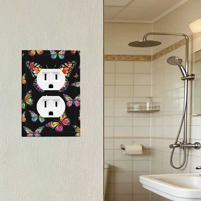 Vibrant Rainbow Butterflies on Black Duplex Wall Plate - 1-Gang Standard US Size Enchanted Garden Escape Outlet Covers for Bedroom Decor